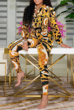 Gold Fashion Casual Print Basic Turndown Collar Long Sleeve Two Pieces