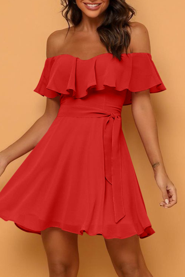 Red Casual Solid Flounce Strapless Cake Skirt Dresses