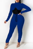 Deep Blue Fashion Casual Patchwork Bandage Half A Turtleneck Long Sleeve Two Pieces