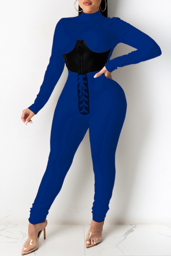 Deep Blue Fashion Casual Patchwork Bandage Half A Turtleneck Long Sleeve Two Pieces