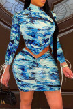Blue Fashion Sexy Print Asymmetrical Turtleneck Long Sleeve Two Pieces
