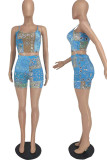 Red Casual Print Patchwork Spaghetti Strap Sleeveless Two Pieces