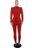 Red Sexy Solid With Bow V Neck Long Sleeve Two Pieces