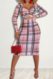 Pink Sexy Plaid Hollowed Out Half A Turtleneck Pencil Skirt Dresses