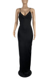 Black Elegant Solid Split Joint Spaghetti Strap Sling Dress Dresses
