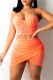 Orange Sexy Patchwork Hot Drilling Backless Asymmetrical Spaghetti Strap Sleeveless Two Pieces