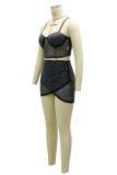 Apricot Sexy Patchwork Hot Drilling Backless Asymmetrical Spaghetti Strap Sleeveless Two Pieces