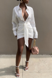 White Sexy Casual Solid Patchwork Turndown Collar Shirt Dress Dresses