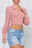 Red Casual Plaid Print Patchwork Turndown Collar Tops