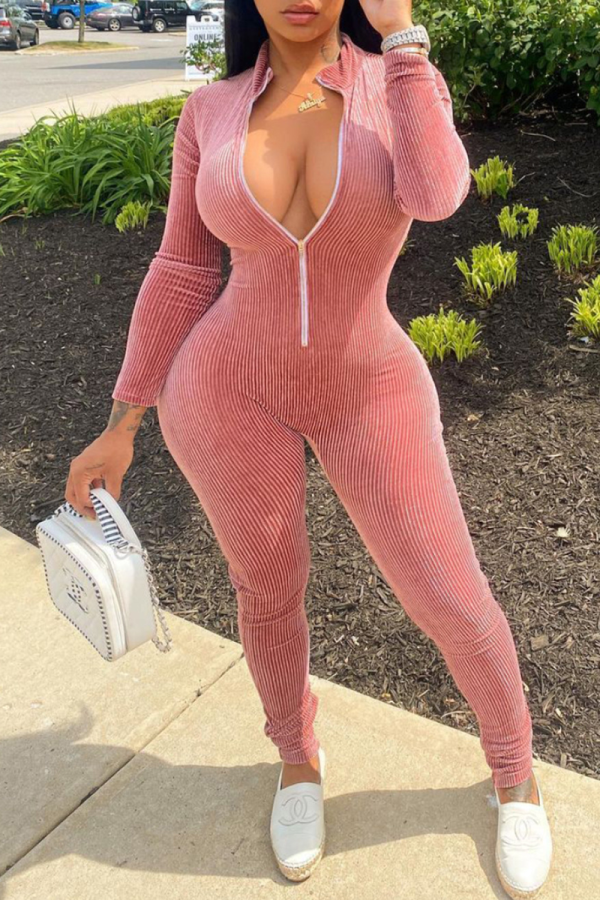 Pink Casual Solid Patchwork Zipper Collar Skinny Jumpsuits