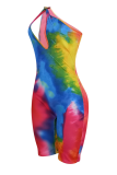 Pink Sexy Patchwork Tie-dye One Shoulder Skinny Rompers