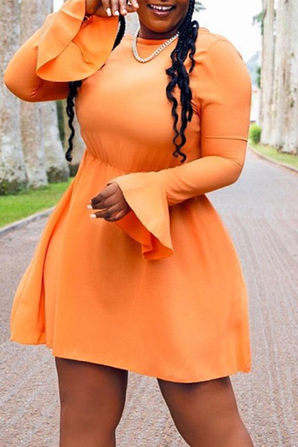 Orange Fashion Casual Solid Basic O Neck Long Sleeve Dresses