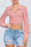 Red Casual Plaid Print Patchwork Turndown Collar Tops