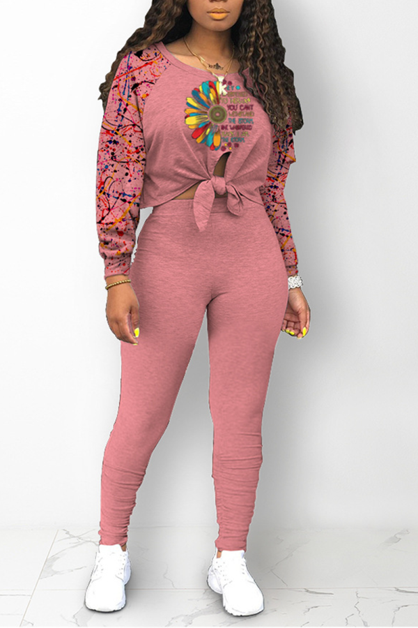 Pink Casual Print Patchwork O Neck Long Sleeve Two Pieces