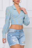 Red Casual Plaid Print Patchwork Turndown Collar Tops