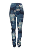 Blue Fashion Casual Print Basic Regular Trousers