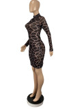 Black Fashion Sexy Print See-through O Neck Long Sleeve Dresses