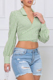 Red Casual Plaid Print Patchwork Turndown Collar Tops