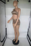 Leopard Print Fashion Sexy Print Leopard Backless One Shoulder Sleeveless Two Pieces