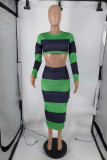 Green Fashion Casual Striped Slit O Neck Long Sleeve Two Pieces