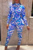 Blue Sexy Print Backless O Neck Skinny Jumpsuits
