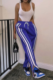 Blue Sportswear Patchwork Slit Boot Cut Mid Waist Speaker Solid Color Bottoms