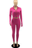 Rose Red Casual Solid Patchwork Zipper Collar Long Sleeve Two Pieces