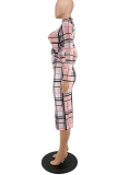 Pink Sexy Plaid Hollowed Out Half A Turtleneck Pencil Skirt Dresses