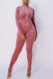 Pink Casual Solid Patchwork Zipper Collar Skinny Jumpsuits