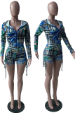 Multicolor Sexy Print Patchwork Hooded Collar Long Sleeve Two Pieces