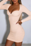 Nude Pink Sexy Solid Patchwork Fold Square Collar Pencil Skirt Dresses