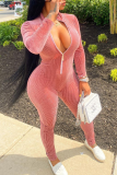 Pink Casual Solid Patchwork Zipper Collar Skinny Jumpsuits