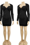 Black Sexy Solid Patchwork Fold Square Collar Pencil Skirt Dresses
