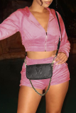 Rose Red Casual Solid Patchwork Hooded Collar Long Sleeve Two Pieces