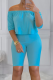 Cyan Casual Solid Patchwork Off the Shoulder Half Sleeve Two Pieces
