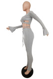 Grey Sexy Casual Solid Bandage Spaghetti Strap Long Sleeve Two Pieces