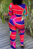 Red Sexy Print Bandage Shirt Collar Straight Jumpsuits