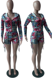 Multicolor Sexy Print Patchwork Hooded Collar Long Sleeve Two Pieces