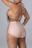 Pink Sexy Solid Tassel Patchwork Frenulum Backless Halter Sleeveless Two Pieces