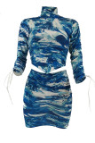 Blue Fashion Sexy Print Asymmetrical Turtleneck Long Sleeve Two Pieces
