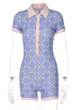 Purple Sexy Print Patchwork Turndown Collar Skinny Rompers
