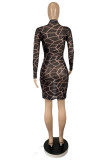 Black Fashion Sexy Print See-through O Neck Long Sleeve Dresses