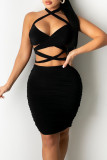 Yellow Sexy Print Hollowed Out Patchwork Backless Halter Pencil Skirt Dresses