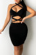 Black Sexy Print Hollowed Out Patchwork Backless Halter Pencil Skirt Dresses