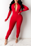 Tangerine Red Sexy Solid Patchwork Zipper Collar Skinny Jumpsuits