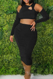 Black Fashion Sexy Solid Hollowed Out O Neck Long Sleeve Two Pieces
