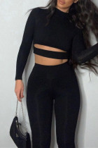 Black Fashion Sportswear Solid Hollowed Out Split Joint Half A Turtleneck Long Sleeve Two Pieces