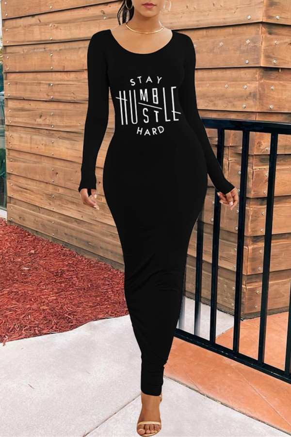 Black Fashion Casual Print Basic O Neck Long Sleeve Dresses