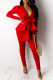 Red Sexy Solid With Bow V Neck Long Sleeve Two Pieces