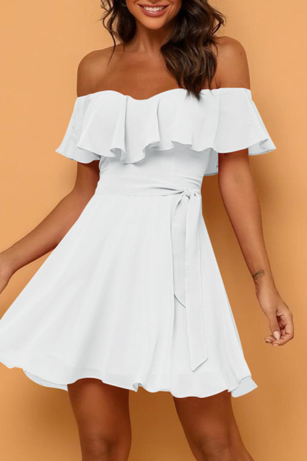White Casual Solid Flounce Strapless Cake Skirt Dresses